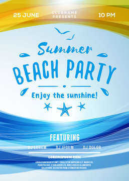 Summer Beach Party Flyer or Poster. Summer Night Party. Vector Design Template with Colorful Abstract Background