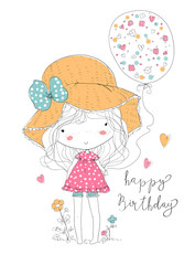 Illustration of a Girl Holding Birthday Balloons