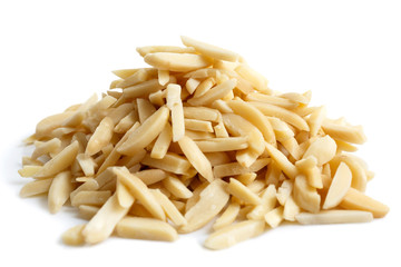 Pile of peeled slivered almonds isolated on white.