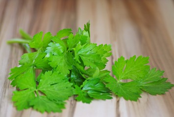 Celery. Fresh celery green leaves on wooden background. Organic celery spice green leaves.