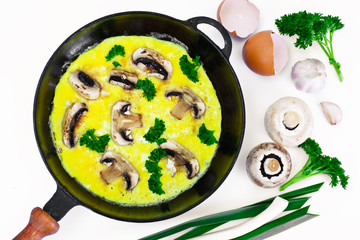 Healthy and Diet Food: Scrambled Eggs with Mushrooms and Vegetab