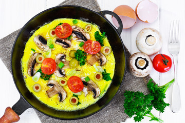 Healthy and Diet Food: Scrambled Eggs with Mushrooms and Vegetab