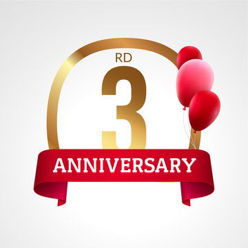 Celebrating 3rd years anniversary golden label with ribbon and balloons, vector template