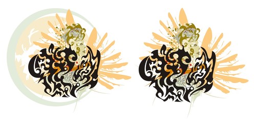 Grunge dragon hearts. Two dragon hearts - splashes in a woman's face with the head and a wing of an eagle in tribal style 