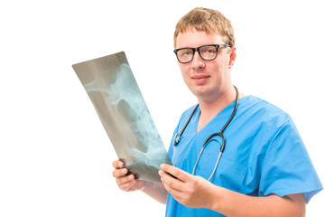 smiling doctor with a x-ray in hands on a white background