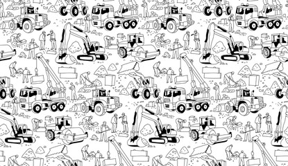 Building construction workers landscape black seamless pattern.