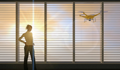 Fototapeta na wymiar 3D render of a UAV drone peering through a window with horizontal blinds as a young woman looks on. Fictitious UAV is a unique design. Motion blur and lens flare for dramatic effect.