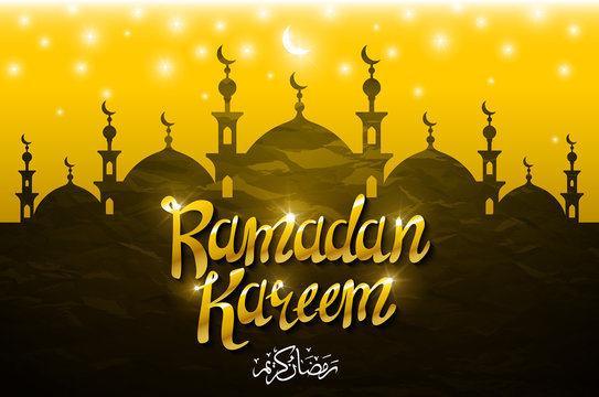 religious background design for ramadan and eid with beautiful mosque and yellow waves. vector illustration
