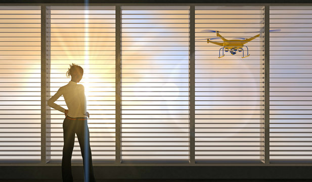 3D render of a UAV drone peering through a window with horizontal blinds as a young woman looks on. Fictitious UAV is a unique design. Motion blur and lens flare for dramatic effect.