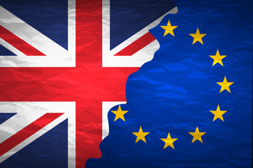 Flags of the United Kingdom and the European Union on crumpled paper background. Vintage effect brexit