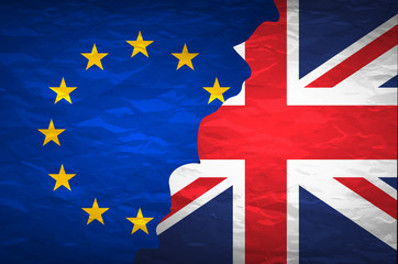 Flags of the United Kingdom and the European Union on crumpled paper background. Vintage effect brexit