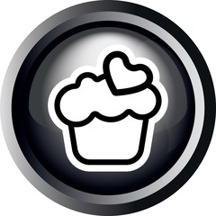 Card with a cream cake with heart on top in round frame in 3d over a white background, in black and white outline style. Digital vector image.