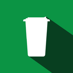 A white cup of coffee with a cap and shadow in outlines, over a green background, digital vector image