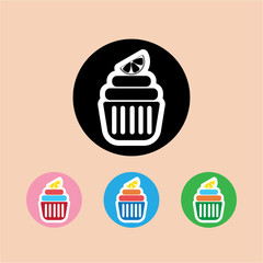 Candy card with a cream cakes, lemon slice on top, over peach background. Blue, yellow, pink, green and black. Digital vector image.