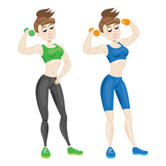 Sporty young woman in sportswear. Fit girl with dumbbells. 