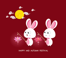 Moon and Rabbits holding lotus lanterns of Mid Autumn Festival
