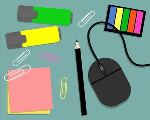 Stationery: markers, stickers, pencil and computer mouse. Vector illustration. It can be used for the websites, registration of magazines, booklets, leaflets