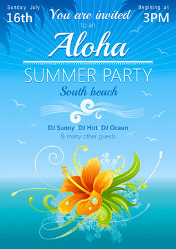 Fototapeta Plakat plażowy na hawajskie przyjęcie z kwiatem hibiskusa
