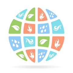 The four natural elements icons - Earth, Water, Fire and Air on concept planet symbol. Vector illustration.