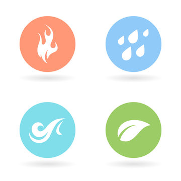 The four natural elements colour circle icons - Earth, Water, Fire and Air symbols. Vector illustration.