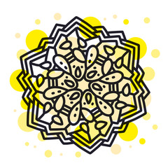 Vector illustration of monochrome round mandala with yellow spot