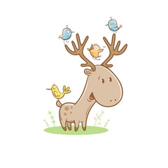Card with cute cartoon deer and birds. Little funny animal. Children's illustration. Vector image. Big horns.