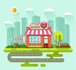 Vector flat style illustration of City landscape with nice bakery shop building, street with road, bench, trees, umbrella, table and chair. Signboard with donut in heart shape.