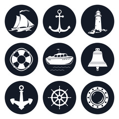 Set of Round Marine Icons , Sailing Vessel and Anchor, Ship Wheel and Lifebuoy , Lifeboat and Porthole, Ship Bell and Lighthouse, Nautical Symbol, Ship Equipment, Vector Illustration