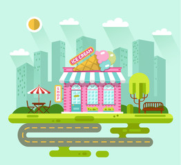 Vector flat style illustration of City landscape with nice ice cream shop building, street with road, bench, trees, umbrella, table and chair. Signboard with big tasty ice cream cone.