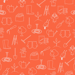 Seamless Pattern Gardening Equipment , Line Icons Agricultural Tool ,Garden Tools on Orange Background, Vector Illustration