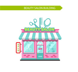 Vector illustration of nice beauty or hair salon building. Signboard with big scissors, hair brush and mirror. Flat style vector illustration. Isolated on white background.