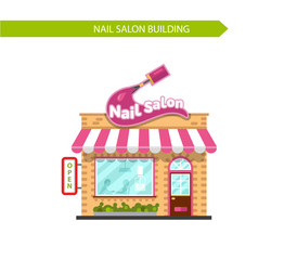 Vector illustration of nice nail salon building. Signboard with big stroke of nail polish brush. Manicure or pedicure salon. Flat style vector illustration. Isolated on white background.