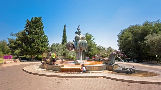 The Lions Fountain timelapse hyperlapse located in a park in the Yemin Moshe. JERUSALEM, ISRAEL