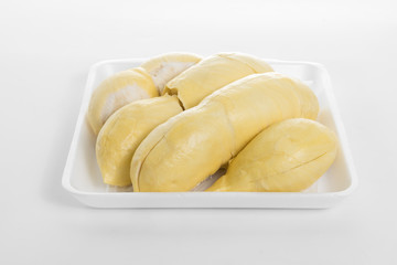 Durian on foam , King of Fruits on white background.