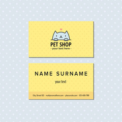 Obraz premium Pet shop yellow vector business card. Cute multicolored logo with blue cat and heart.