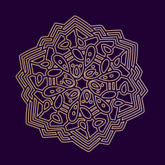 Vector illustration of monochrome golden round mandala on dark p