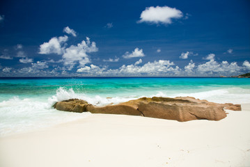 Sandy beach, barbed rocks, turquoise sea, tropical landscape