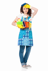 Tired young housewife with yellow gloves, isolated on white background