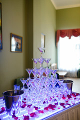 Beautiful wedding slide champagne for bride and groom indoors. Colorful glasses for alcohol with berries. Beauty of bridal interior for marriage. Bright bar for celebration
