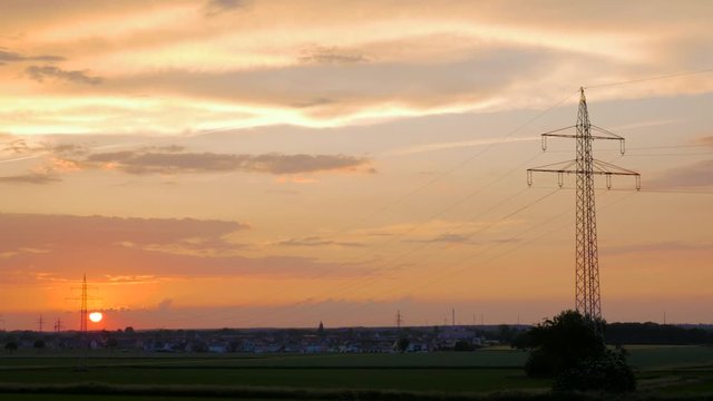 Central European Rural Landscape Sunset with Electricity pylon (4k UHD)