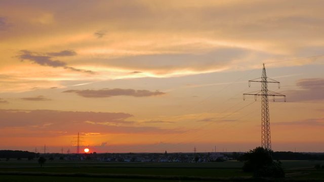 Central European Rural Landscape Sunset with Electricity pylon (4k UHD)