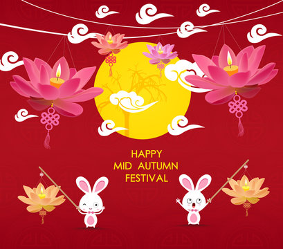 happy Mid Autumn Festival background with rabbit and lotus lanterns