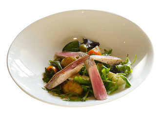 Tuna salad, arugula leaves, fried potatoes, tomato, olives