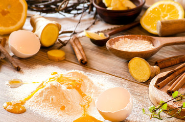 Flour, eggs, cinnamon, ginger and other ingredients for baking