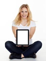 Woman presenting her tablet pc