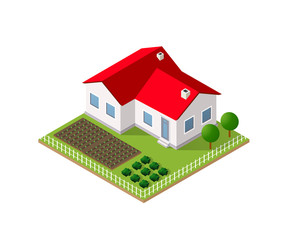 Rural farm in isometric view with trees and garden