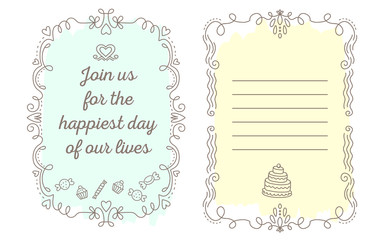 Vector template of wedding invitation with lace frame with inscr