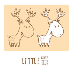 Card with cute cartoon deer.  Little funny animal. Children's illustration.  Big horns. Two variants vector contour  image, transparent background and white fill.