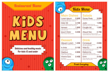 Cute colorful kids meal menu with monsters. Vector template
