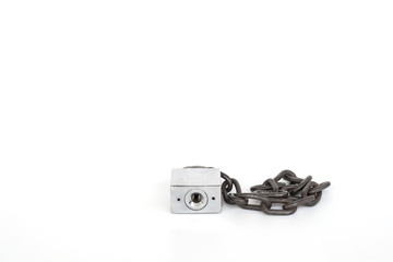 Old lock and old chain on white background.(Soft focus.)